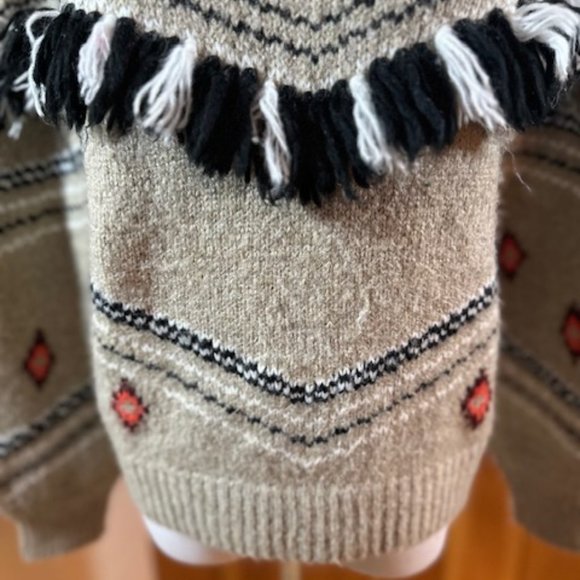 LOU and GRAY LOFT Beige Black Southwestern Motifs Fringed Turtleneck Sweater -S - Picture 5 of 11